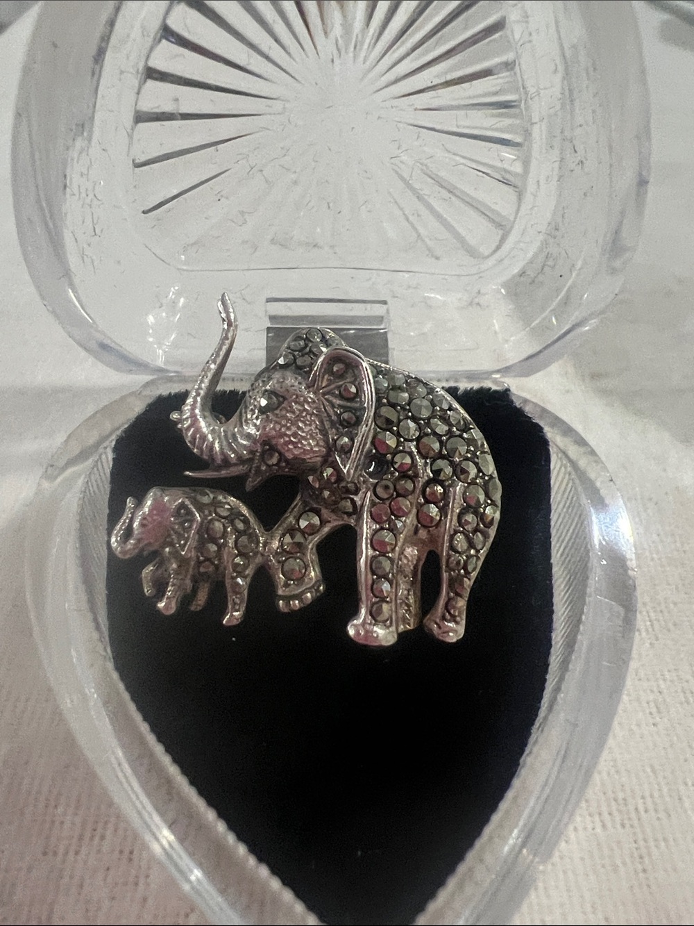 B#61-Silver Elephant Duo Brooch with Marcasite Accents